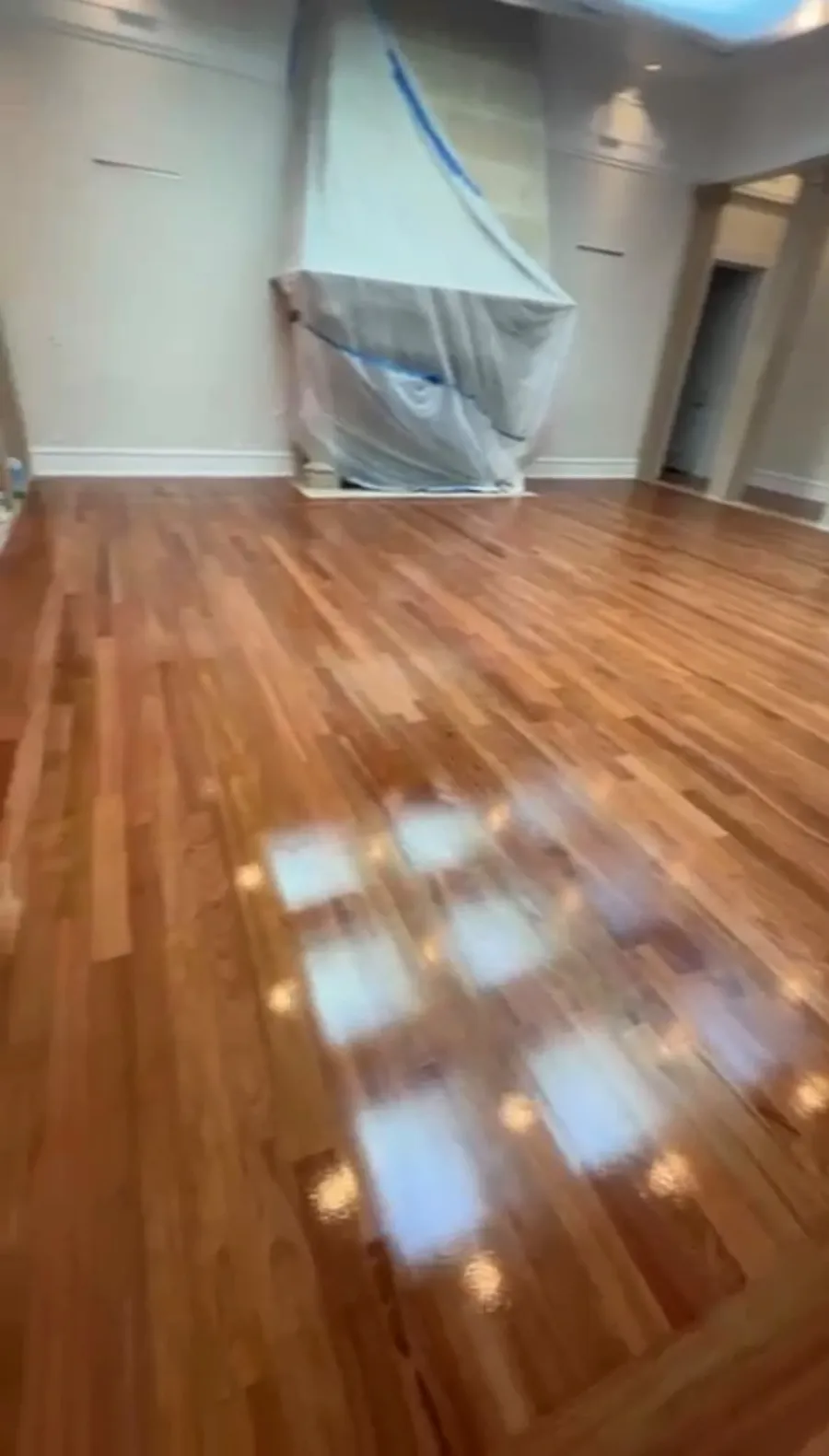 Freshly stained hardwood floor with a glossy finish, furniture protected during the job